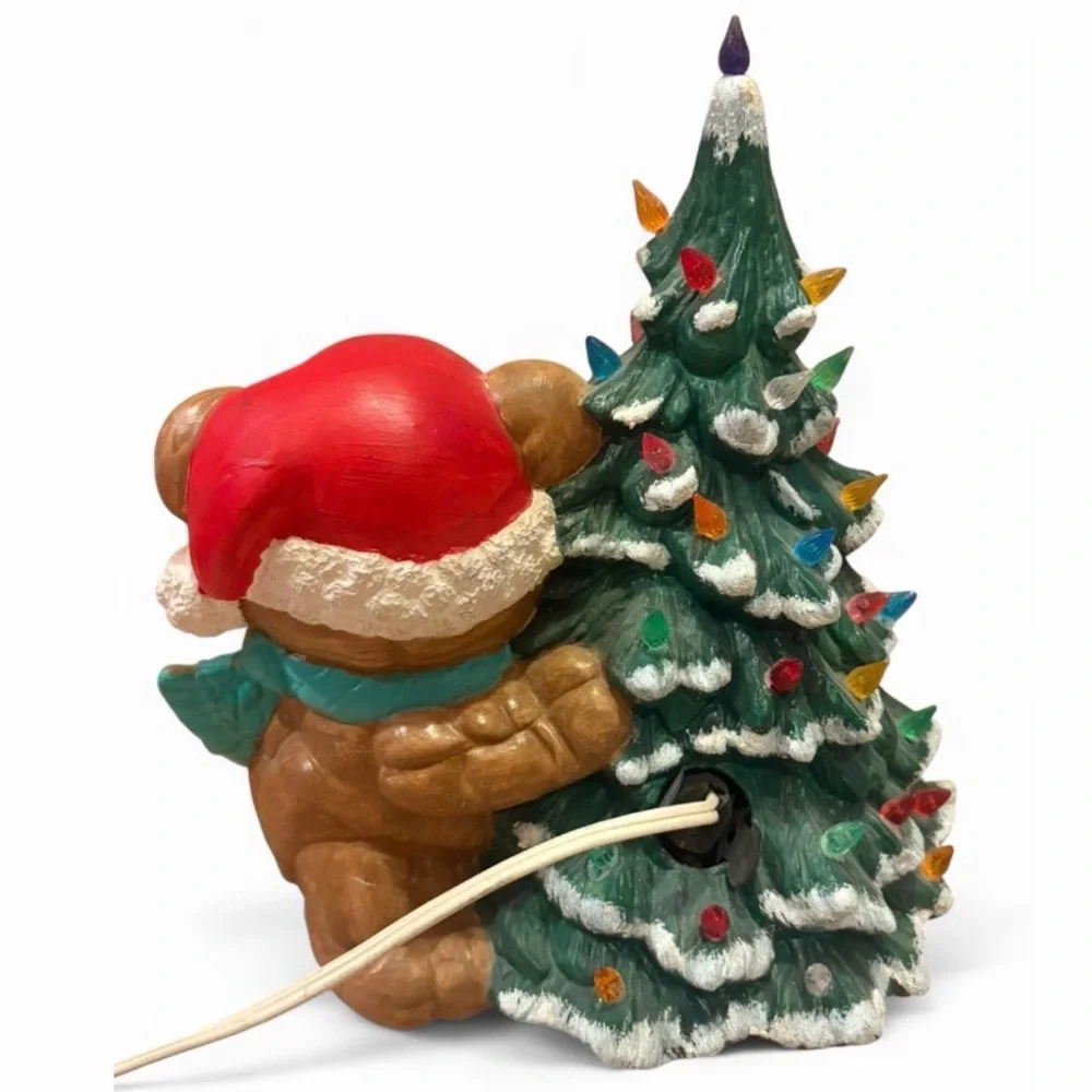 Vintage Hand Painted Teddy Bear Light Up Ceramic Christmas Tree Tabletop Lamp